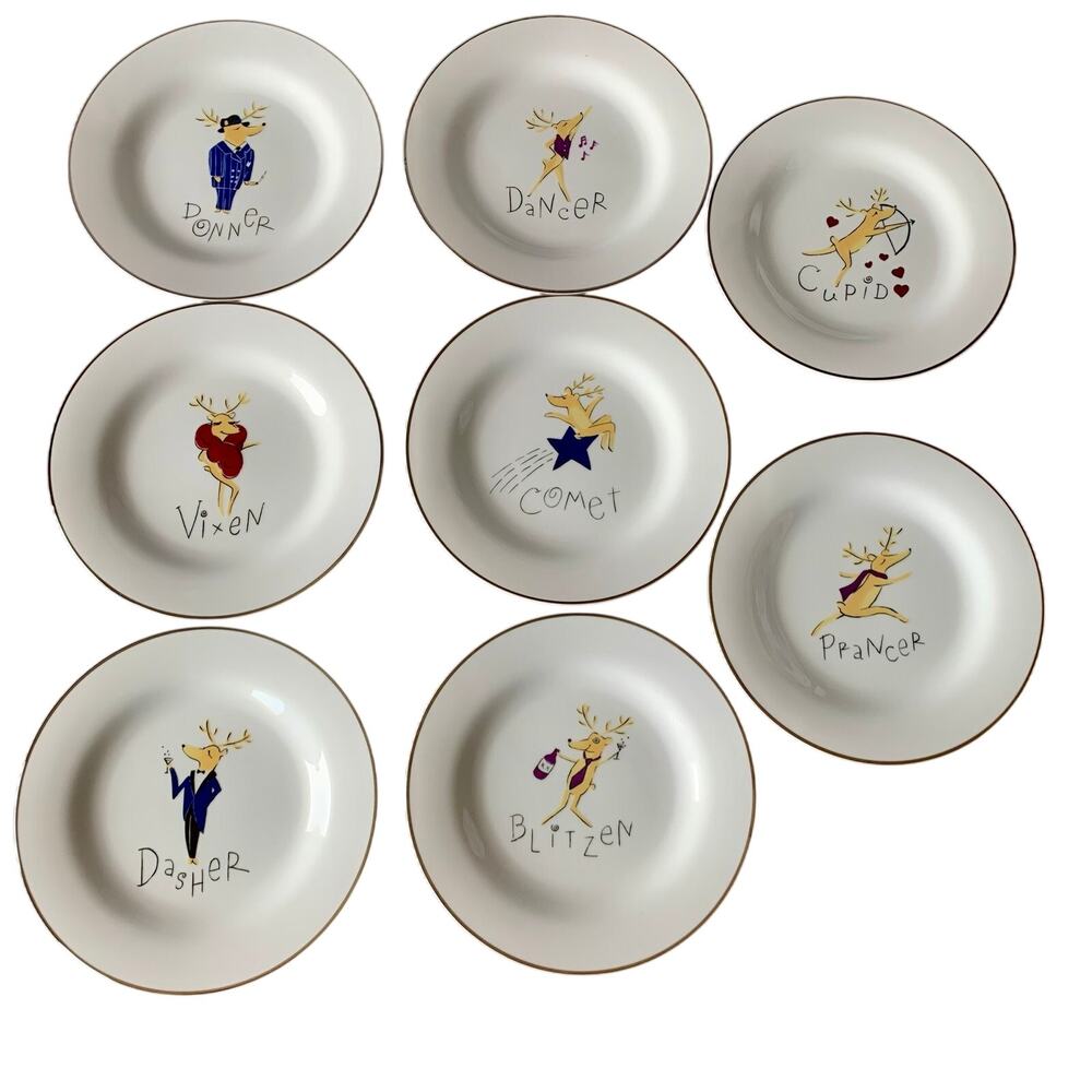 Pottery Barn Reindeer Plates Dessert Salad Plates 8.5" Silver Rim JAPAN Set of 8